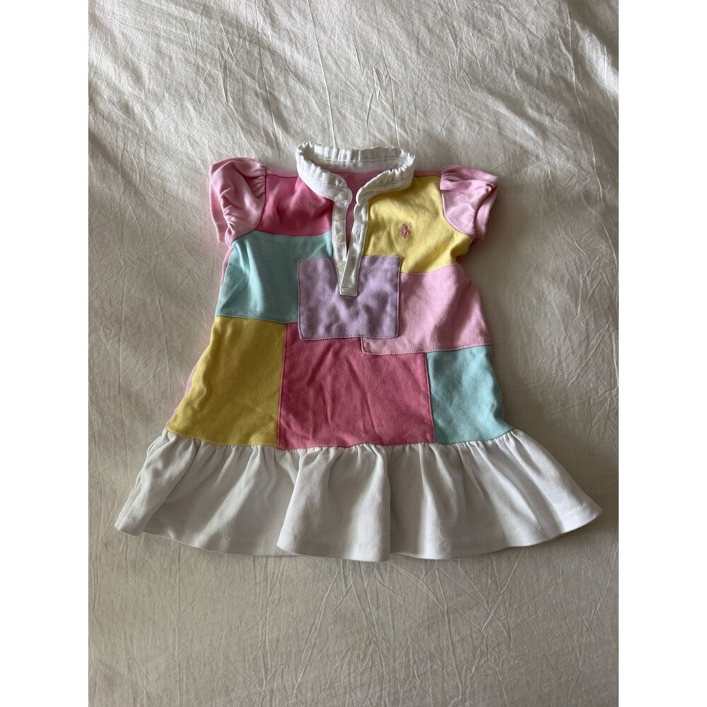 Ralph Lauren Patchwork Pastel Baby Girls Frill Polo Dress 18M Pony Madras Retro